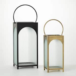 27.25 in. - 21 in. Ribbed Glass Metal Lantern Set of 2