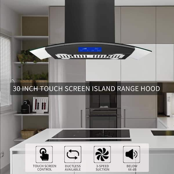 30inch Island Range Hood Vent 900CFM Kitchen Stove Vent 3 Speed  Silver/Black LED