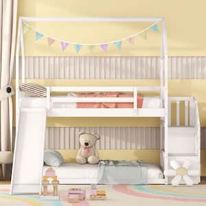 Twin Over Twin House Bunk Bed with Convertible Slide, Wood Bunk Bed Frame with Stairs and Roof for Kids, Teens, White