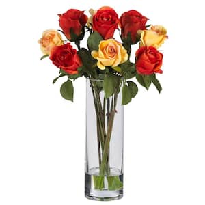 16 in. Artificial Rose Silk Flower Arrangement with Glass Vase