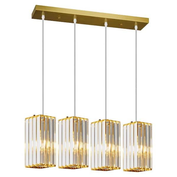 Home Lighting 24-Watt 4-Light Gold Rectangle Crystal Pendant-Adjustable fixture for Kitchen Island, No Bulb Include