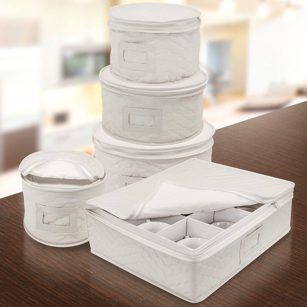 Sorbus White Quilted 5-Piece Dinnerware Storage Set with Felt Protectors