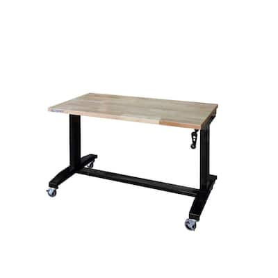 Husky 62 in. W x 24 in. D Adjustable Height Solid Wood Top Workbench ...