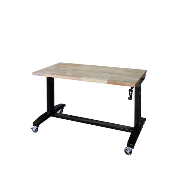 Husky 46 in. W x 24 in. D Steel Adjustable Height Solid Wood Top Workbench Table in Black