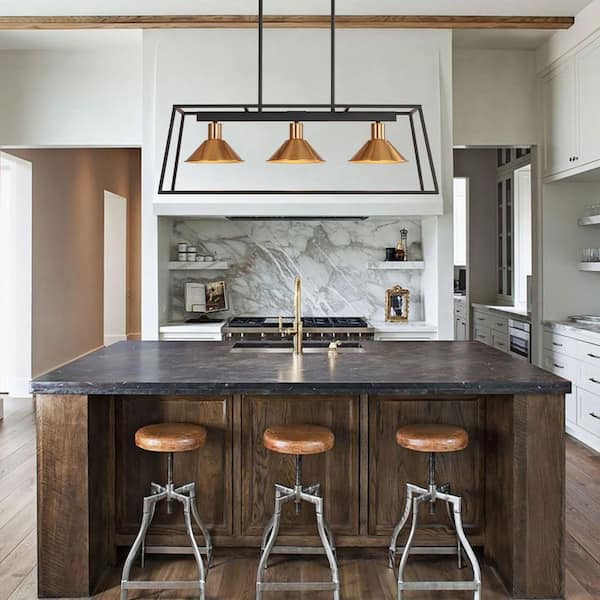 Talia 3-Light 31.1 in. W Matte Black Chandelier Brass Barn Pendant Rectangular Light Fixture for Kitchen Dining Room