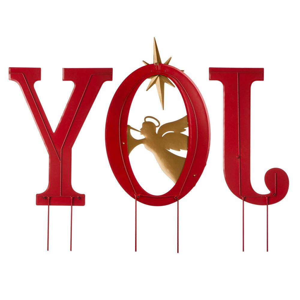 Festive Red and Gold Metal JOY Yard Stake with Angel