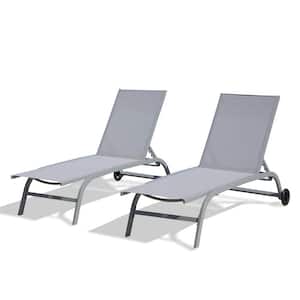 Set of 2 Outdoor 5 Adjustable Position Lounge Chairs with Wheels, Pool Lounge Chairs Gray for Beach, Deck, Poolside