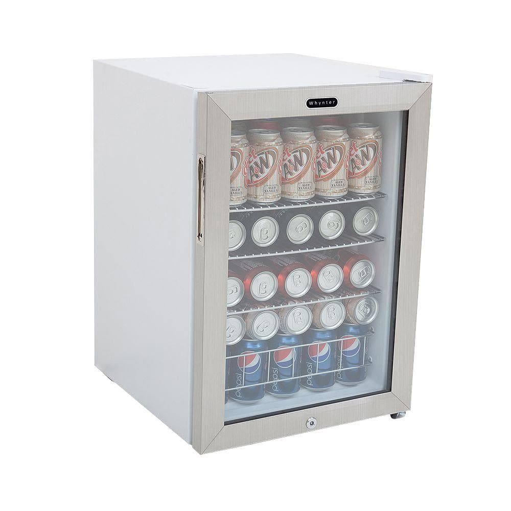 Whynter 17 in. 90 (12 oz.) Can Cooler 2.1 cu. ft. Beverage Cooler Fridge Stainless steel with Lock, White
