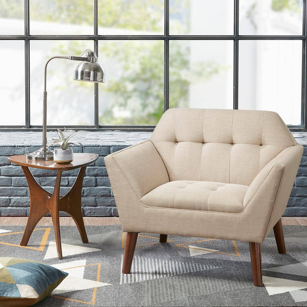 Tan Button Tufted Swivel Accent Chair with Wood Legs