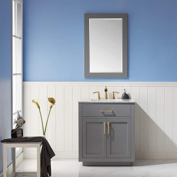 Ivy 30 in. Single Bathroom Vanity Set in Gray and Carrara White Marble Countertop with Mirror