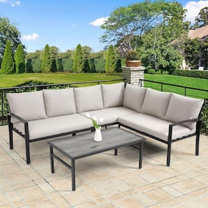 4-Piece Black Metal Patio Conversation Set with Beige Cushions, Water Resistant