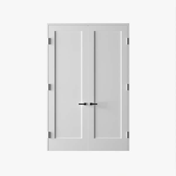 56 In. x 96 In.Bi-Parting Solid Core Primed White Composite Double Pre-hung French Door Catch Ball Black Hinges