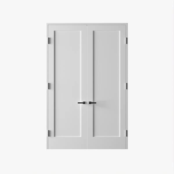 RESO 56 In. x 96 In.Bi-Parting Solid Core Primed White Composite Double Pre-hung French Door Catch Ball Satin Nickel Hinges