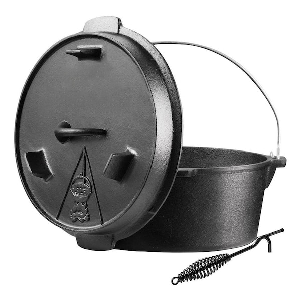 Pre-Seasoned 9 qt. Round Cast Iron Dutch Oven in Modern Black with Lid and Lid Lifter for Campfire Cooking