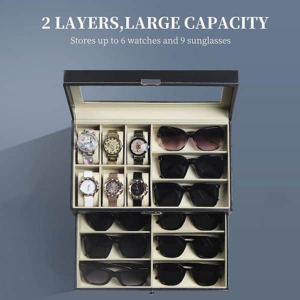 6-Watch and 9-Glasses Storage Box-Lockable Leather Organizer
