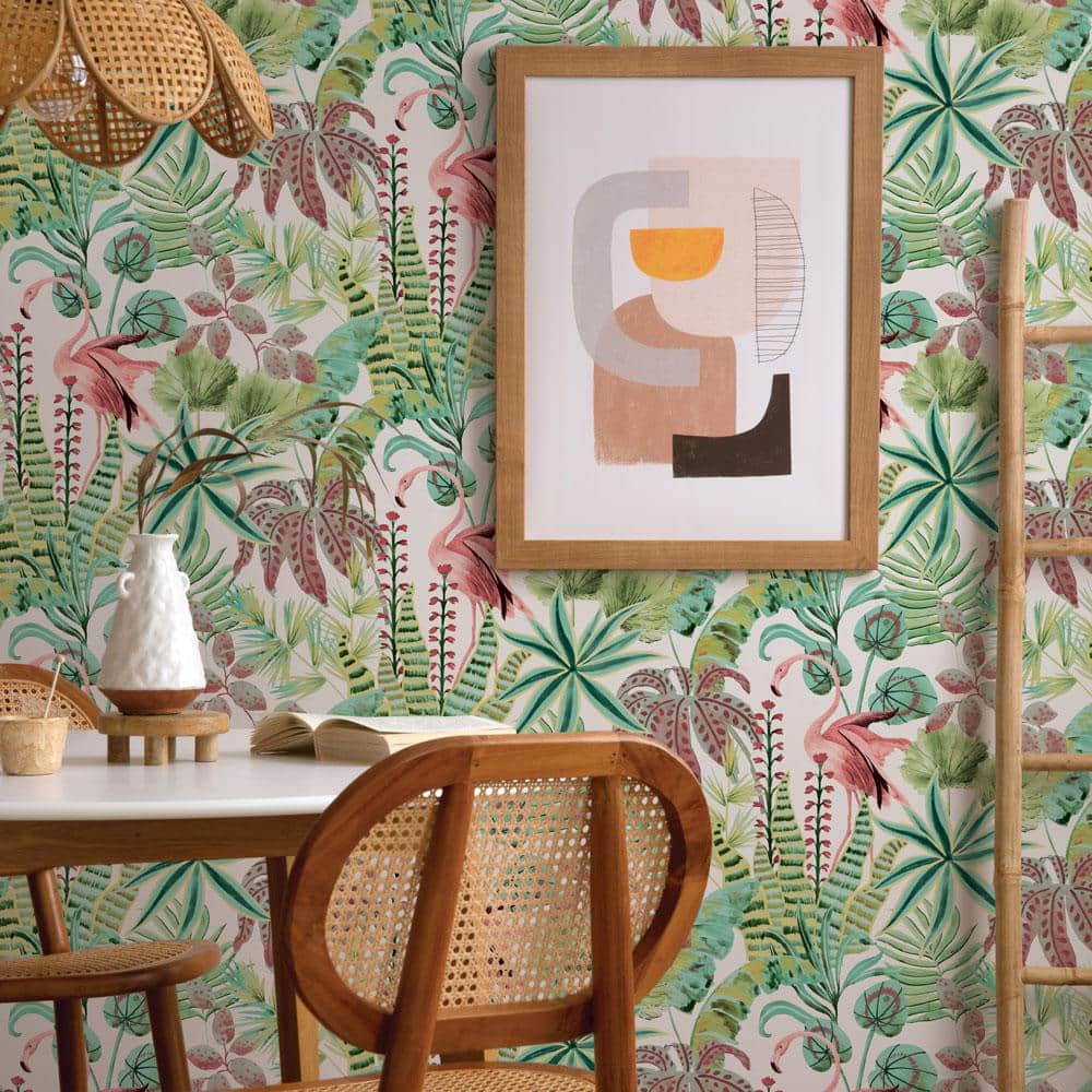 Cactus Rose Tropical Pink and Green Peel and Stick Wallpaper Roll