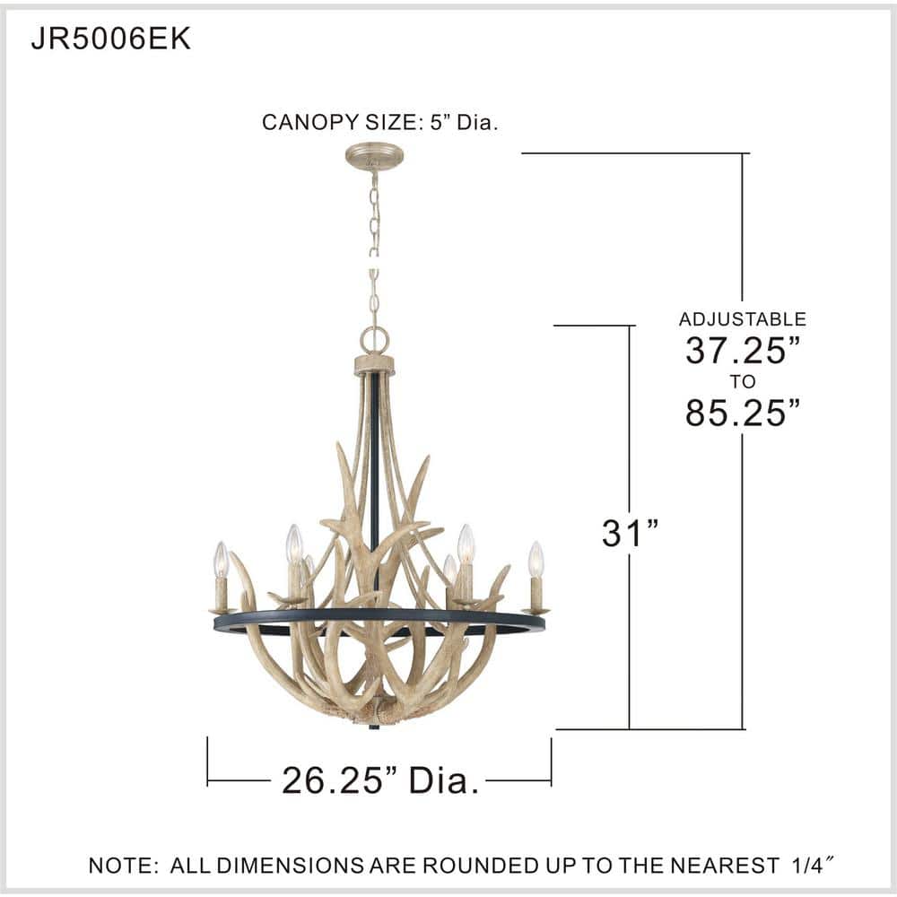 Rustic Antler-Inspired Black Steel 6-Light Chandelier