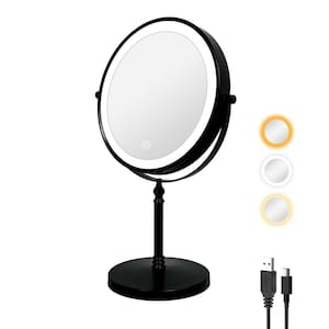 8 in. W x 8 in. H Round Tabletop LED Makeup Mirror with 10X Magnification, Brightness Adjustment, Gift for Girls-Black