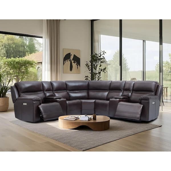 Ellesophas Van 121 in 5-Seaters Genuine Leather Dual Power Sectional Sofa with Two Consoles, USB Ports in DarkBrown