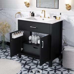 30 in. W Freestanding Bath Vanity in Black with White Ceramic Top and Ample Storage