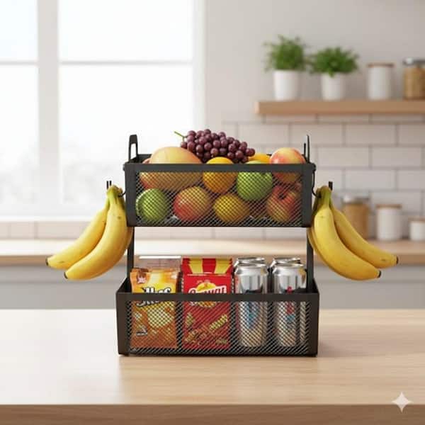 2 Piece Detachable Metal Fruit Stand with Dual Handles Airflow Mesh Basket Black Kitchen Counter Storage Set