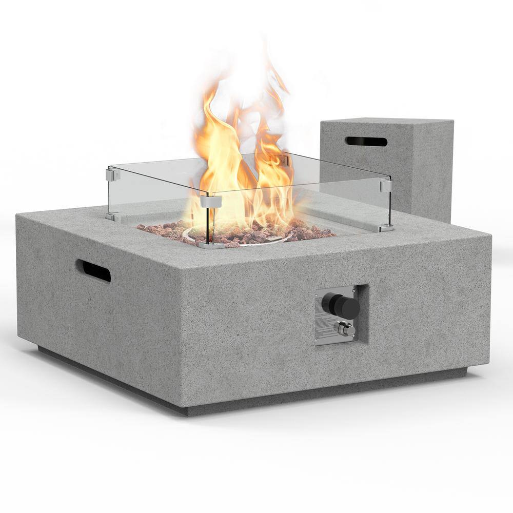 35 in. Outdoor Concrete Firepit Table with Gas Hose, Lava Stones, AA Batter