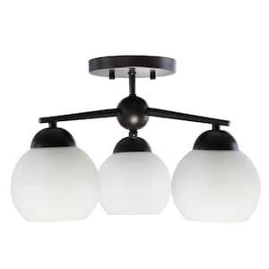 Lacey 18 in. 3-Light Matte Black Semi-Flush Mount with Frosted Shades