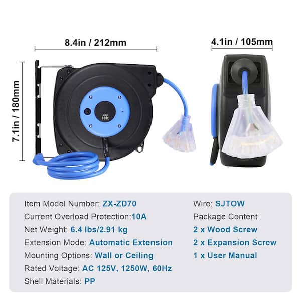 SVOPES 30 ft., 16 Gauge / 3 Conductors, 10 Amps Retractable