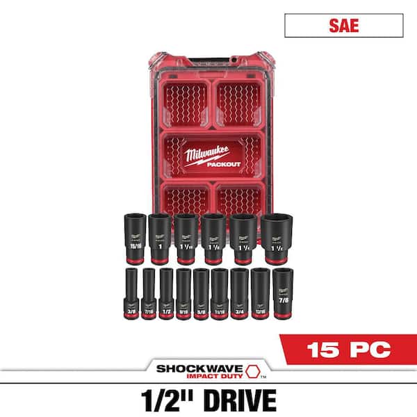 SHOCKWAVE Impact-Duty 1/2 in. Drive SAE Deep Well Impact PACKOUT Socket Set (15-Piece)