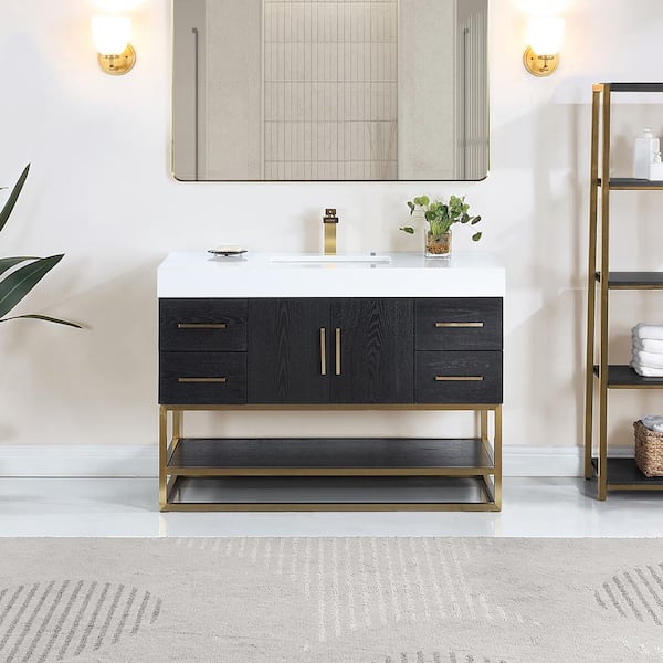 Altair Bianco 48D in. W x 22 in. D x 34 in. H Single Sink Bath Vanity in Black Oak with White Composite Stone Top