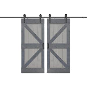 K Series 76 in. x 84 in. French Gray/Dark Gray Finished DIY Solid Wood Double Sliding Barn Door with Hardware Kit