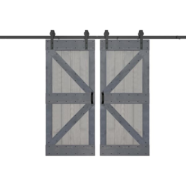 ISLIFE K Series 76 in. x 84 in. French Gray/Dark Gray Finished DIY Solid Wood Double Sliding Barn Door with Hardware Kit