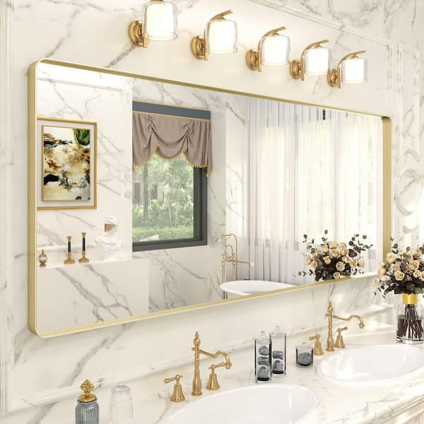 72 in. W x 32 in. H Rectangular Aluminum Alloy Framed and Tempered Glass Wall Bathroom Vanity Mirror in Brushed Gold