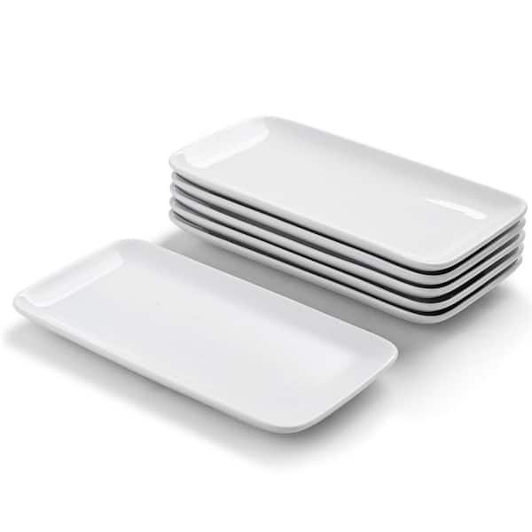 Rectangle Ceramic Plates, 9 in. White Serving Platters, Microwave Safe Sushi Plates for Appetizer, Dessert (Set of 6)