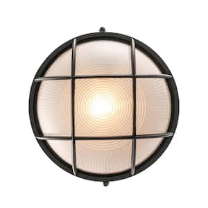 Aria 8 in. 1-Light Black Round Bulkhead Outdoor Wall Light Fixture with Frosted Glass