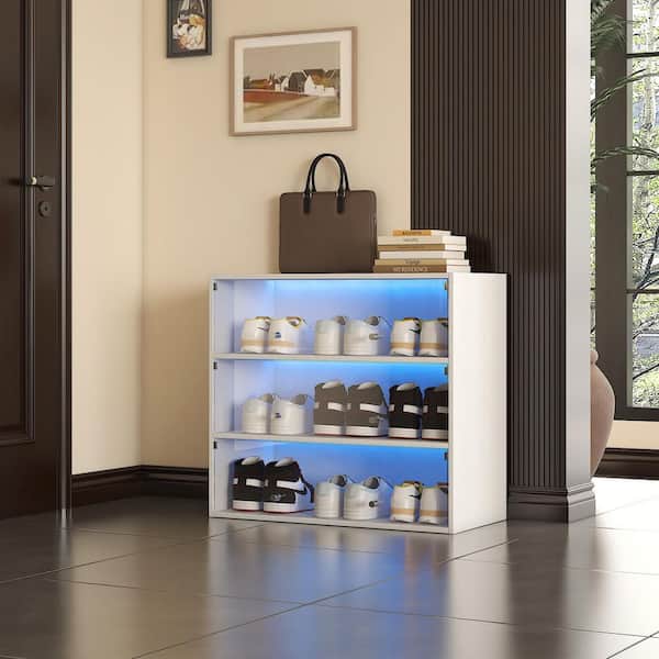 31.3 in. H x 14.76 in. W White 12-Color LED Shoe Storage Cabinet with Glass Doors & Dust Protection