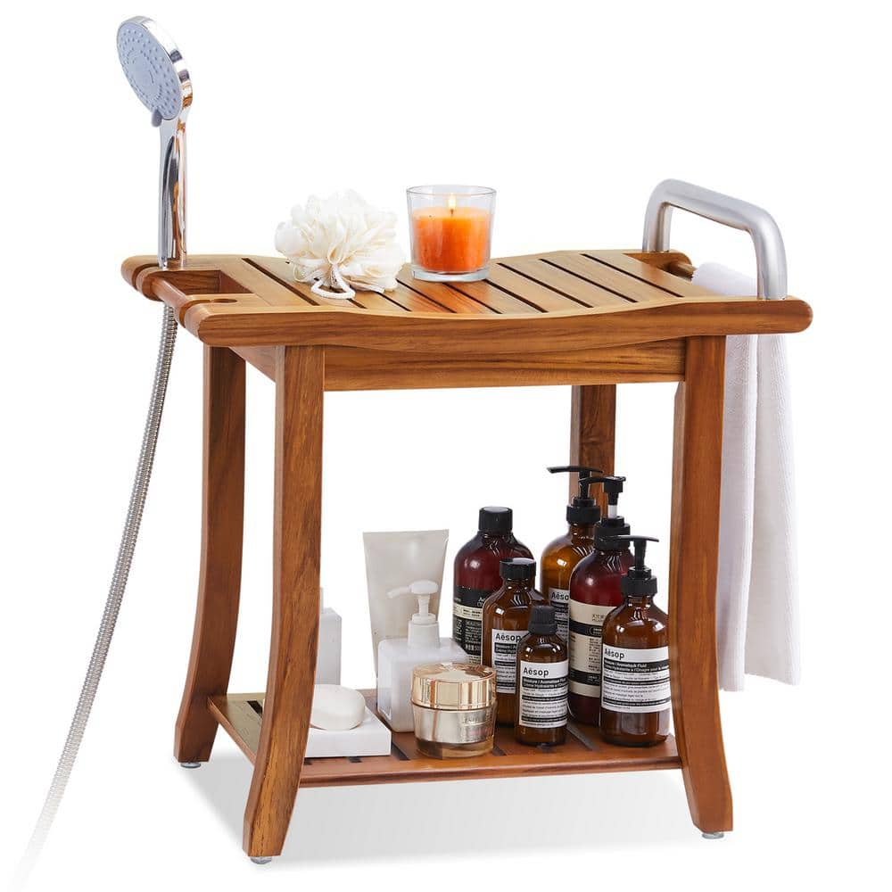 Large Teak Shower Bench with Handle and Shelf