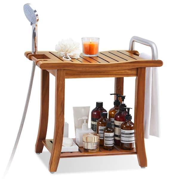 Utopia Alley 20 in. 2-Tier Freestanding Large Teak Wood Waterproof, Walk in Shower Seat Bench with Handle for Elderly