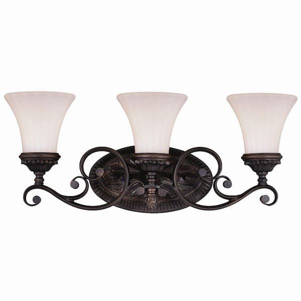 Avenant 23 in. W 3-Light Venetian Bronze Vanity Light Fixture Traditional Etched White Glass Bathroom Wall Lighting