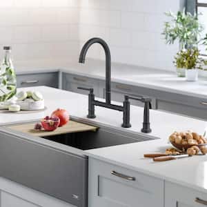 Double Handle Bridge Kitchen Faucet with Side Spray and 360-Degree Swivel Spout Modern Sink Faucet in Matte Black