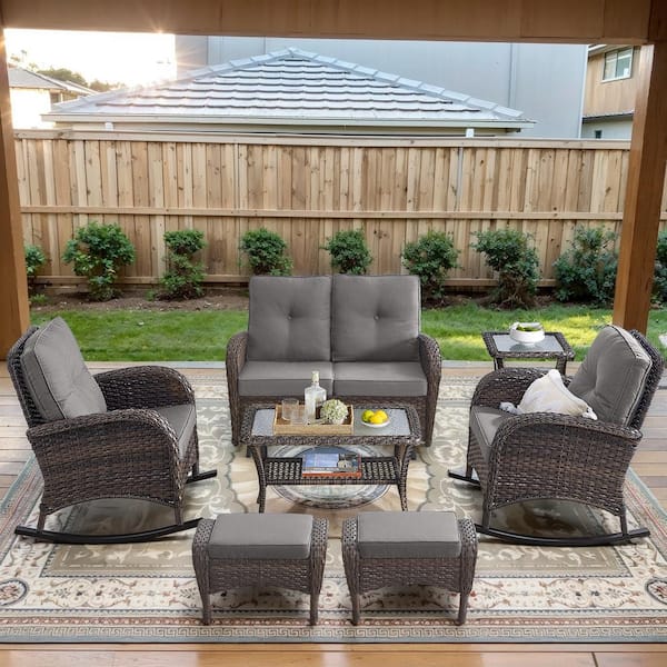 Opohoro Brown 7-Piece Wicker Patio Conversation Set with Rocking Chairs, Outdoor Glider Seating Set with Gray Cushions