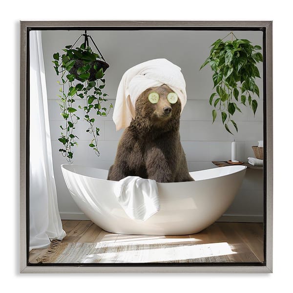 Bear in Refreshing Spa Bath by CAD Designs Gray Floater Frame Animal Graphic Art Print 25 in. x 25 in.