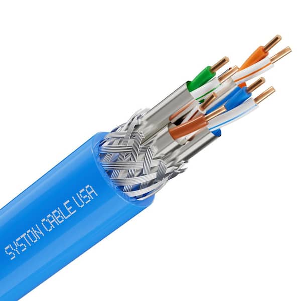 1000 ft. Blue Cat 8 CMR 22 AWG Ethernet Data Bulk Raw Cable - 2000MHz Solid Bare Copper Tinned Copper Braid Shielding