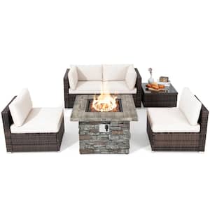 6 -Piece Wicker Patio Conversation Set 34.5 in. Fire Pit Table with Cover Off White Cushions