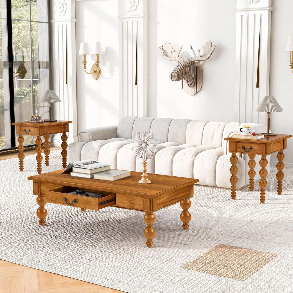 Hartwin Vintage 18 in. Natural Finish Rectangle Side Table MDF End Table with Drawer, Solid Wood Leg