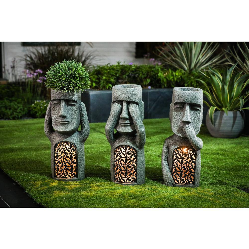 Gray Easter Island Solar Garden Statues with Planters, Set of 3