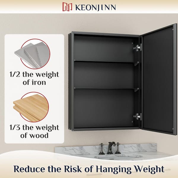 KeonJinn 14 in. W x 18 in. H Rectangular Frameless Aluminum Black Recessed or Surface Mount Medicine Cabinet with Mirror