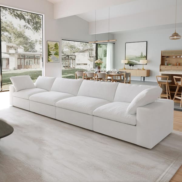 160.62 in. Square Arm Linen Rectangle 4-Piece Free Combination Modular Sectional Sofa in White