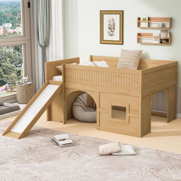 Natural Full Wood Loft Bed with Storage Shelves and Slide, Door and Window Design