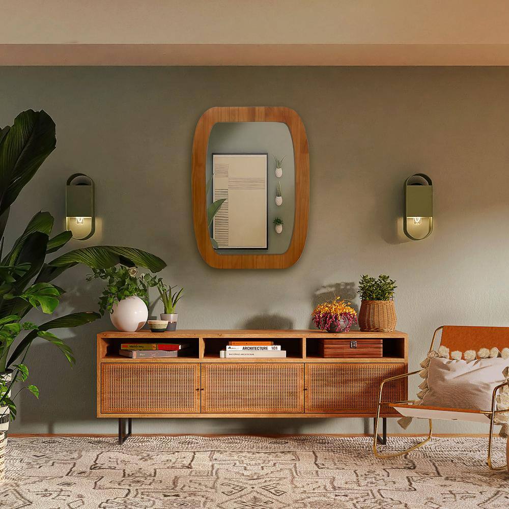 33" x 25" Brown Wood Framed Irregular Rectangular Wall Mirror
